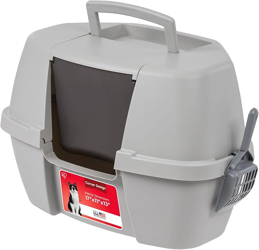 IRIS USA Cat Litter Box - Enclosed Corner Litter Box with Scoop, Hooded Litter Tray for Corners, Space-Saving Covered Litter Box, Odor Defensive, Gray