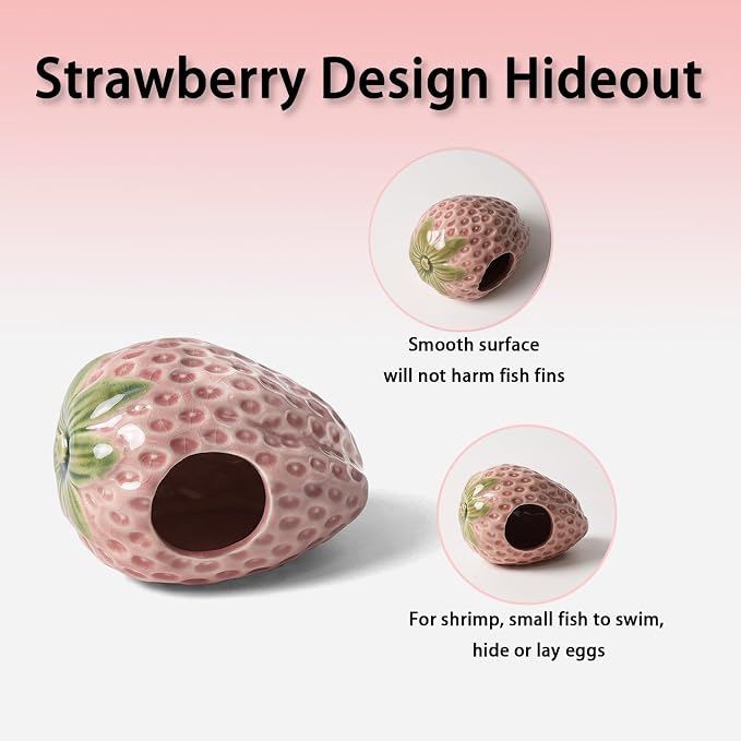 Pink Aquarium Decor Ceramic Cute Strawberry Betta Fish Tank Cave | Smooth-Surface Safe for Fish Hiding & Breeding, Easy-Clean, No Assembly, for Play & Rest,Fits 2.5-5 Gallon Fish Tanks