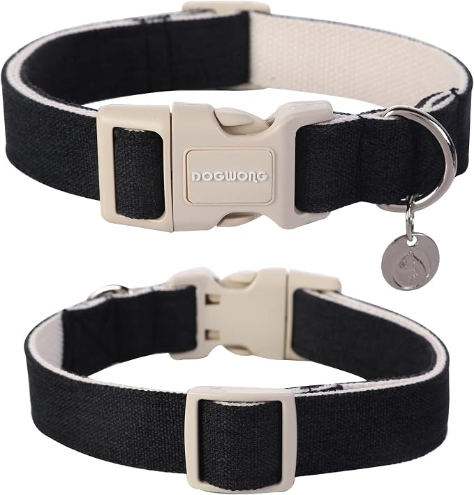 DOGWONG Cotton Hemp Dog Collar, Heavy-Duty Black Dog Collar Adjustable Soft Natural Fabric Pet Cute Wedding Puppy Necklace for Small Medium Large Dogs