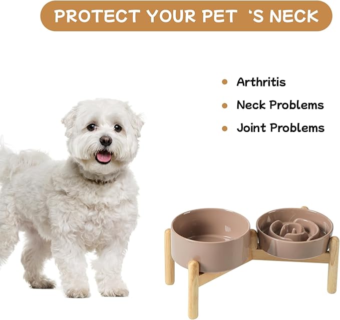 Havniva Ceramic 0.9 Cup Raised Slow Feeder Dog Bowl Set, Elevated 6.1inch Water Bowl and 6.1inch Slow Dish with Wooden Stand for Small Dogs(2 x Brown Coffee+ Stand)