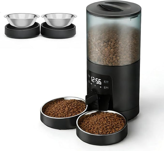 NEWBULIG Automatic Cat Feeder for 2 Cats, 6L Timed Pet Feeders with 10s Voice Recorder, Dog Food Dispenser, Dry Food, 6 Meals, Programmable 50 Portions, Dual Power Supply