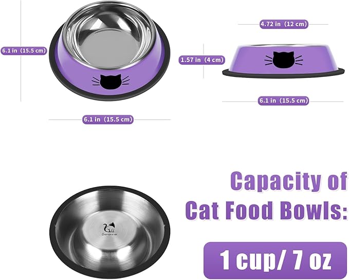 Serentive 3 Pcs Non-Slip Stainless Steel Small Cat Food Bowls - Unbreakable, Thicken 7 Oz Cat Dishes - Indoor, Removable Rubber Base, Easily Clean, Lovely Color