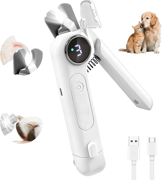 2-in-1 Dog Nail Clippers & Grinder with LED Light, Quiet Electric Pet Nail Trimmer for Small Medium Large Dogs & Cats, 3 Speeds, USB Rechargeable, Quick Sensor, Safety Lock & Splash Guard (White)