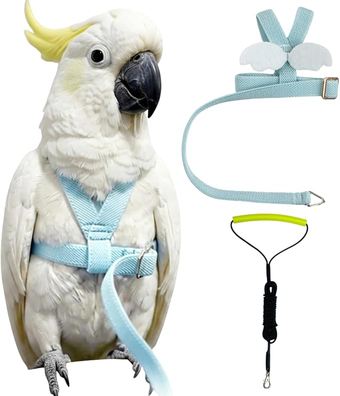 Adjustable Bird Harness with Elastic Leash, Pet Parrot Harness and Leash, Adjustable Training Design Anti-Bite, Bird Nylon Rope with Cute Wing for Conure (Light Blue,Sulphur-Crested Cockatoo)