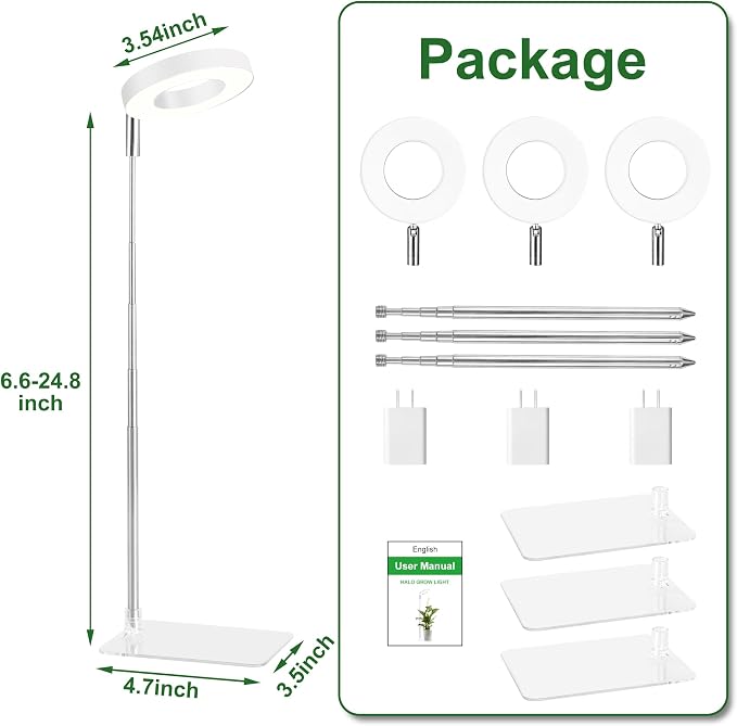 White Small Halo Grow Light with Base, Full Spectrum Indoor Plant Grow Light, Height Adjustable, 3 Spectral Modes, 10 Brightness Levels, Automatic Timer 3/9/12 Hours, 3 Pack