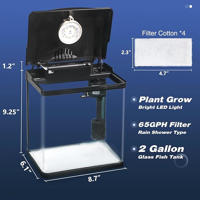 2 Gallon Fish Tank, Betta Fish Tank Small Aquarium Starter Kits Self Cleaning with 3 Types of LED Lights and Filter Water Pump, Ultra Quiet Decoration Kids Room Gift with Glass Aquarium