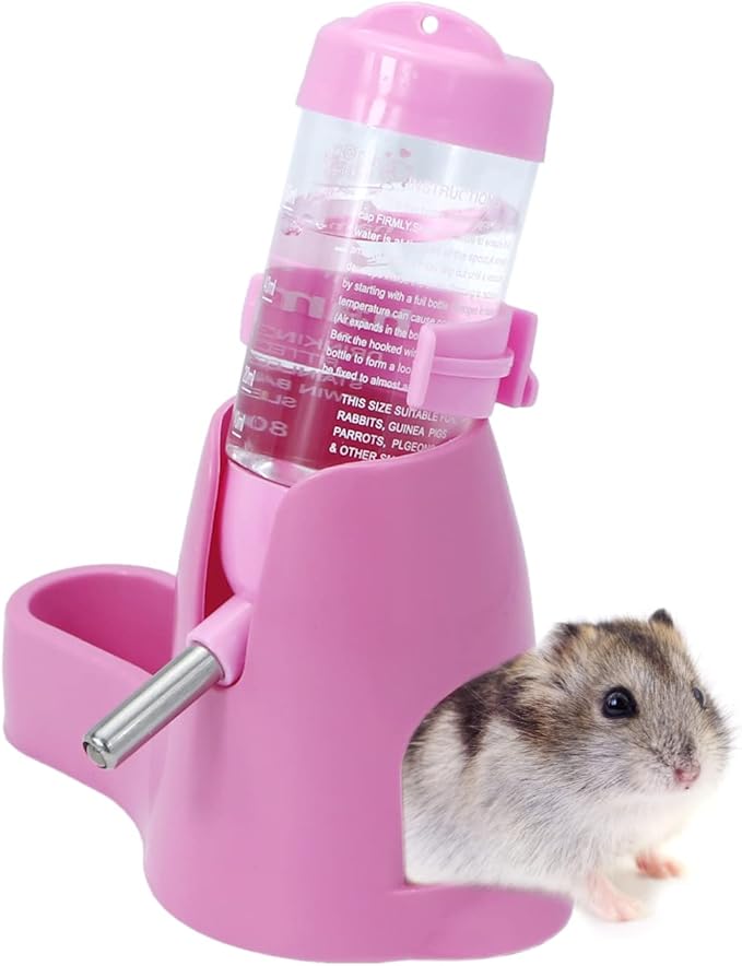 3 in 1 Hamster Hanging Water Bottle Pet Auto Dispenser with Base for Dwarf Hamster Mouse Rat Hedgehog (80ML, Pink)