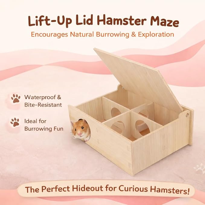 Hamster and Mouse Wooden Tunnel Cage Secret Peep Shed and Explore Hideout Flip Cover Design Hamster Play Tunnel