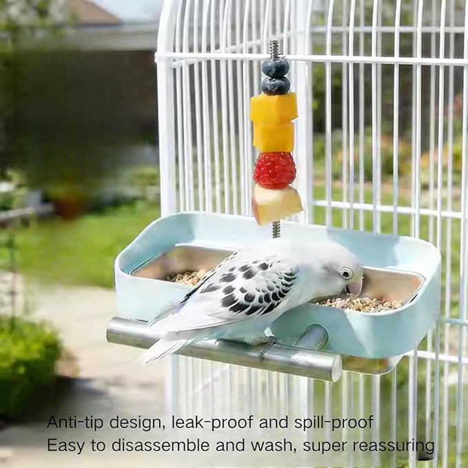 Bird Feeder Birds Bowls Stainless Steel Dishes Coop Cups with Fruit Skewer, Parrot Feeding Dish Cups Food Water Bowls with Bird Food Holder for Budgies Lovebirds (Blue,Square)
