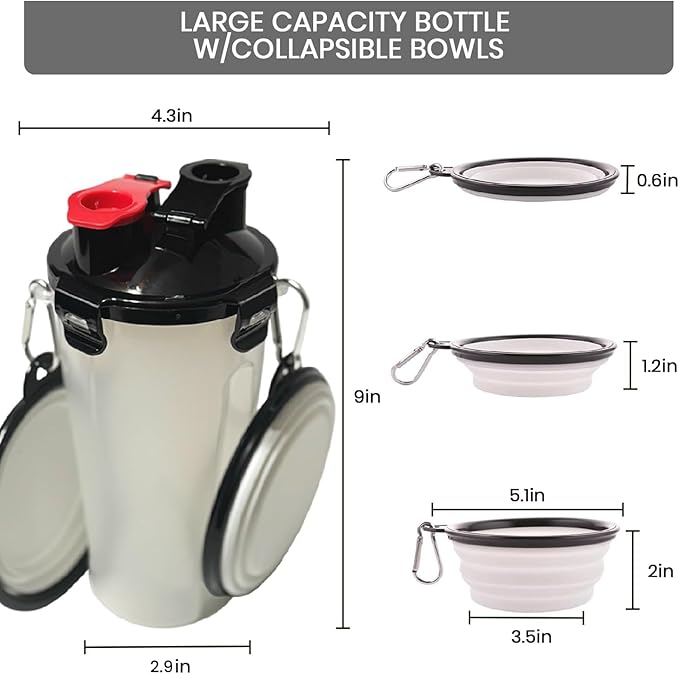 Dog Travel Water Bottle W/Collapsible Bowls - Portable 2 in 1 Leakproof Pet Water Bottle Food Container Ideal for Travel, Outdoor Portable Water Bowls for Walking, Camping & Hiking - (White)