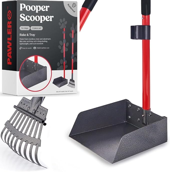 Pawler Pooper Scooper for Large Dogs and Small Dogs, Metal Poop Scooper Set with Long Handle Rake and Heavy Duty Tray for Yard, Grass, Dirt or Gravel, Heavy Duty Aluminum Poop Picker Upper