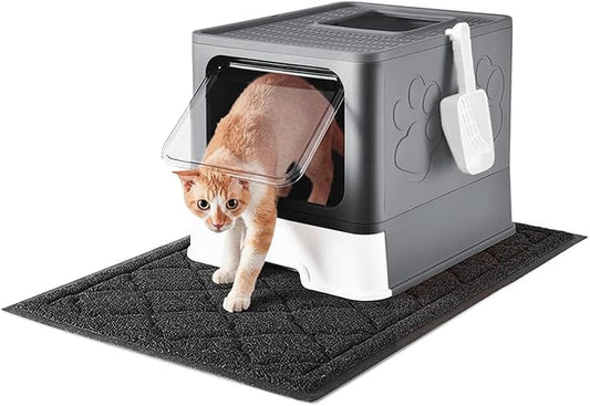 Medario Cat Litter Box with X-Large Litter Mat and Scoop, Large Covered Litter Box with Lid, Enclosed Kitty Box,Front Top Entry Exit, Odor Control Easy to Clean (Upgrade Dark Grey)