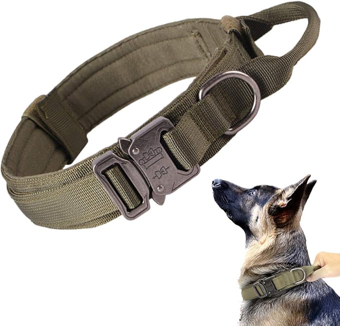 Xqpetlihai Tactical Dog Collar Adjustable Military Nylon Dog Collar with Control Handle and Heavy Duty Metal Buckle for Medium and Large Dogs (Green,M)