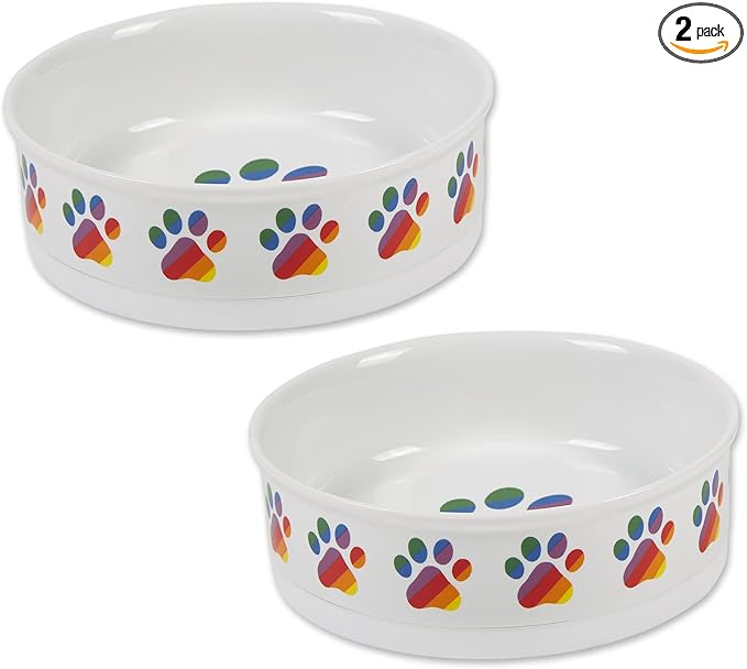 Bone Dry Ceramic Food Bowls, Non-Slip & Dishwasher Safe, Large Set, 7.5x2.4, Rainbow Paw, 2 Count