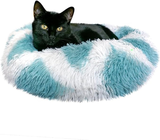 Whiskers & Friends Cat Beds for Indoor Cats, Fluffy Calming Donut Cat Bed, Small Dog Bed Washable - Orthopedic Soft Plush Pet Beds Sized for Kitten to Large Cats & Puppy to Small Dogs - Teal White