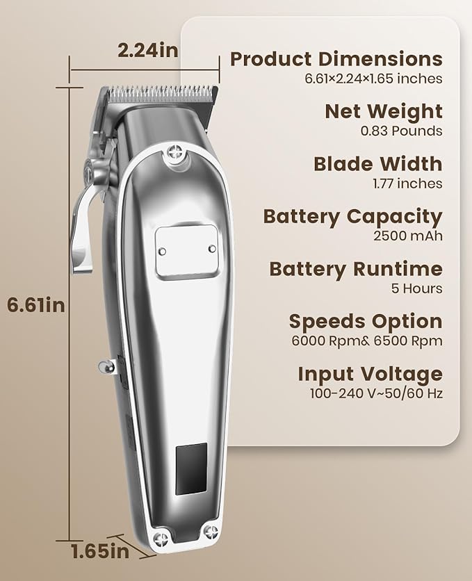 oneisall Dog Grooming Clippers for Thick Heavy Coats,Low Noise Cordless Dog Grooming Kit with Metal Blades, All Stainless Steel, 2 Speeds