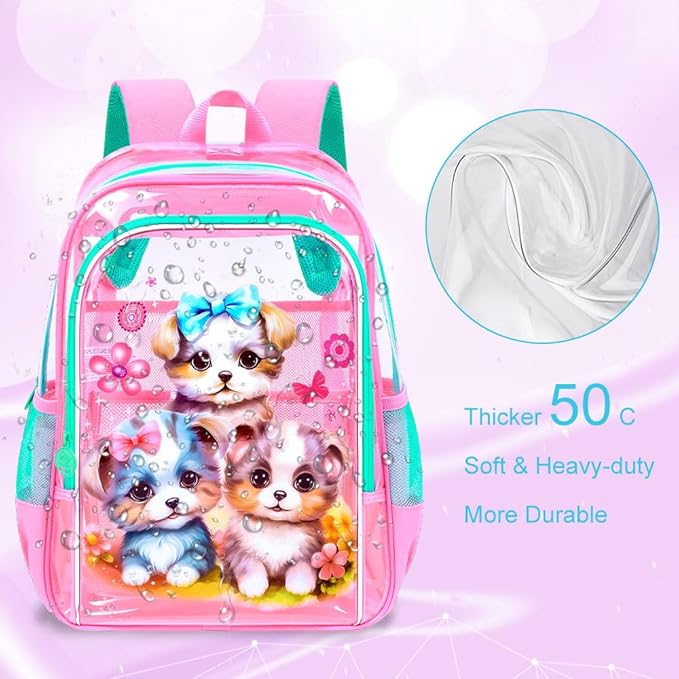 AGSDON 3PCS Clear Backpack for Girls, Kids Dog Transparent Backpack with Heavy Duty PVC, See Through Backpacks with Lunch Bag- Pink Dog