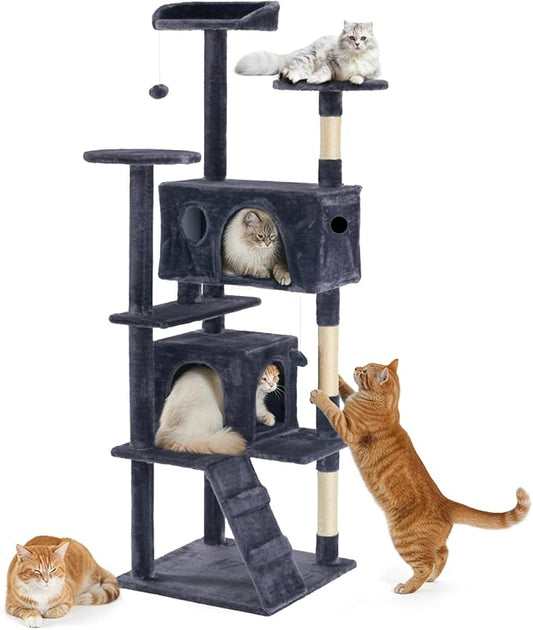 Sweetcrispy 62 Inch Cat Tree Tower, Multi-Level with Cat Scratching Post, Indoor Cat Condo with Climbing Ladder, Plush Toy, Play House for Cat, Dark Grey