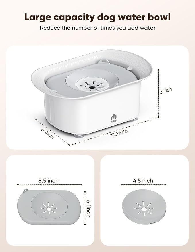 Dog Water Bowl 2.2l/75oz - No Spill Splash-Proof Design, Anti-Slip Suction Base & Slow Flow Dripless Dispenser, Large Capacity Dog Bowl for Messy Drinkers (White- Gray)
