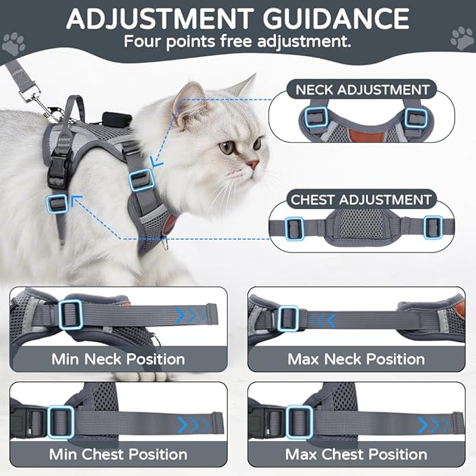 Large Cat Harness and Leash Set with Holder Compatible with AirTag, Upgraded Escape Proof Vest for Extra Large Cats Small Dogs Puppy, Mesh Outdoor Walking Jacket, Reflective Adjustable, Grey XL
