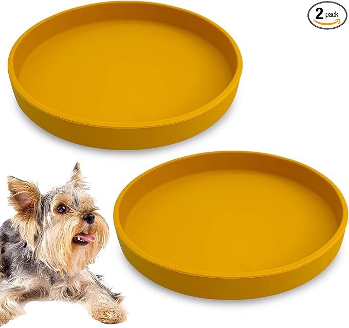 Silicone Dog Bowl Shallow Cat Food Bowls 7" Wide Puppy Plates Whisker Fatigue Pet Feeding Dishes Set of 2 for Dry Food and Wet Food Indoor (Round Yellow)