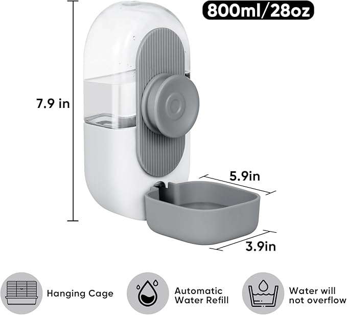 Lemtrflo 28oz Hanging Automatic Water Dispenser，Rabbit Water Bottle,Bunny Guinea Pig Ferret Water Bowl for Cage,Suitable for Small Animal Puppies(Cage Grid Spacing Over 1.2'') (Gray)