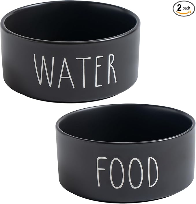 Ceramic Dog Bowls Set of 2 - Weighted Dog Dishes with Food & Water Lettering for Small and Medium Dogs, Food Grade Pet Bowl, Dishwasher & Microwave Safe (6 inch, 2 * 30oz, Black)