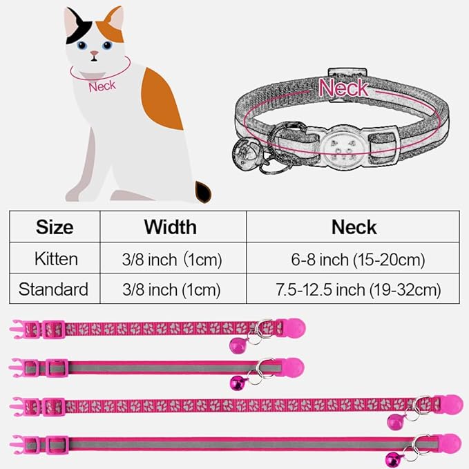 Taglory Reflective Cat Collar Breakaway with Bell, High Visibility Night Strip, Lightweight Adjustable Nylon Collar for Boy Girl Cats, 2 Pack, 7.5-12.5 Inch, Hotpink