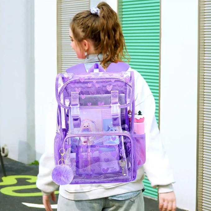 17" Love Heart Clear Backpack for Girls - 3Pcs Flip Design Stadium Approved Set, Campus/Travel Transparent Bookbag (Purple)