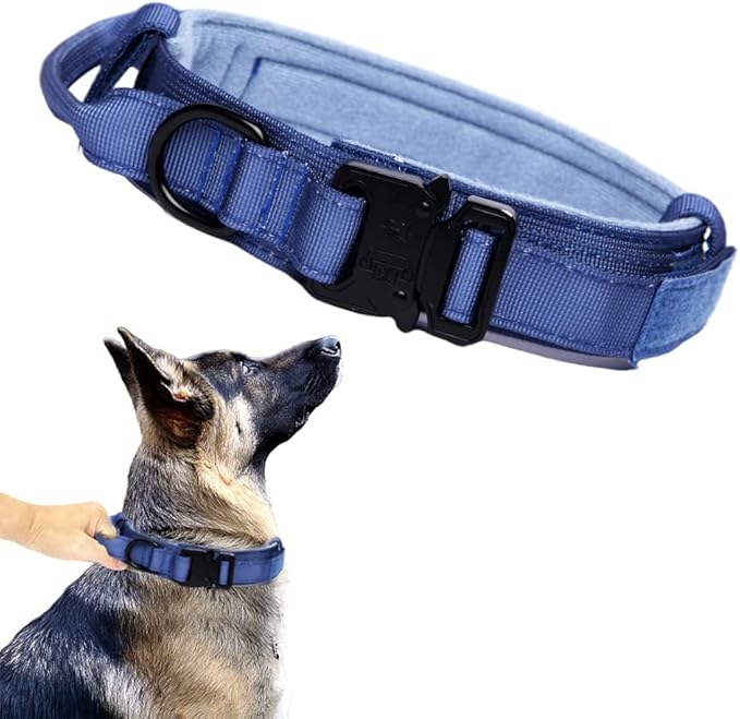 Xqpetlihai Tactical Dog Collar Adjustable Military Nylon Dog Collar with Control Handle and Heavy Duty Metal Buckle for Medium and Large Dogs (Dark Blue,XL)