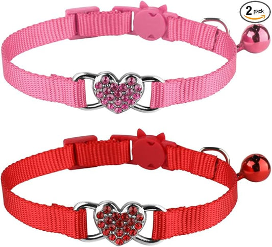 Mtliepte 2 Pcs Cat Collars Heart Bling Breakaway with Bell Nylon Adjustable for Kitty (Pink+red)