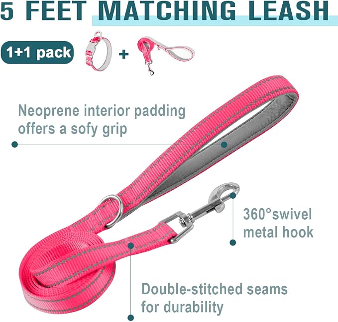 Dog Collar for Medium Small Large Dogs Reflective with Leash,Collar and Leash for Dogs,Soft Neoprene Padded 2 Pack(Pink,S)