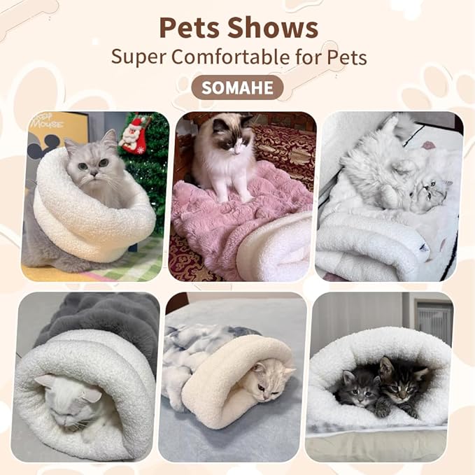 SOMAHE Self-Warming Cat Sleeping Bag, Enclosed Hooded Snuggle Sack with Dual-Side Plush Cat Cave Bed, Portable Foldable Pet Sleeping Pod for Indoor & Travel, Anti-Static, 21.7"x17.7"Pink