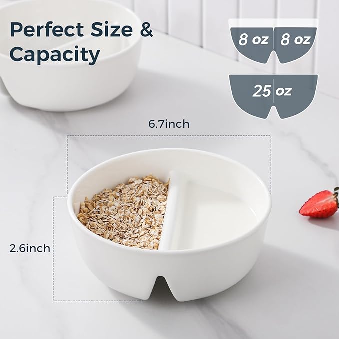 Anti-Soggy Cereal Bowl Set of 2, 6.7 Inch Divided Ceramic Bowls for Cereal and Milk, Chip and Dip Bowl, Soup and Sandwich Plate Combo, Stackable Snack Serving Bowl for Kids Adults, White