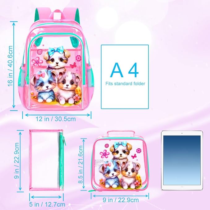 AGSDON 3PCS Clear Backpack for Girls, Kids Dog Transparent Backpack with Heavy Duty PVC, See Through Backpacks with Lunch Bag- Pink Dog