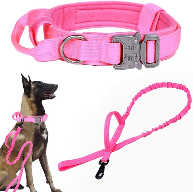 Xqpetlihai Tactical Dog Collar and Leash Set Adjustable Military Nylon Dog Collar with Control Handle and Heavy Duty Metal Buckle for Large Dogs（Pink XXL