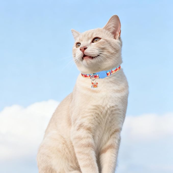 SCENEREAL Summer Breakaway Cat Collar with Bell, 3 Pack Adjustable Safety Cat Collar for Boy and Girl Cats, Cute Kitten Collar for Kitty Puppy Small Pets, Sharks & Ducks & Crabs
