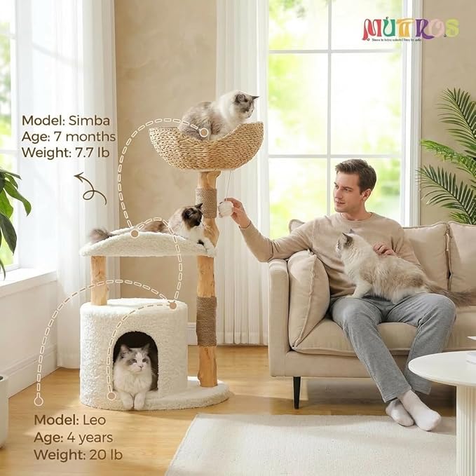 MUTTROS Modern Cat Tree Tower for Large Cats, Wood Cat Tower with Natural Scratching Post, Solid Wood Condo, Real Branch Luxury Cat Furniture with Curved Bed, Top Basket, White