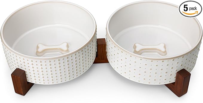 MALACASA Dog Bowl Set with Walnut Wood Stand, 6 Cups Ceramic Pet Bowls for Puppy Dogs, Dual Food and Water Bowls with Weighted Non-Slip Base, Basic Bowls for Your Dog, Rhombic & Polka Dots