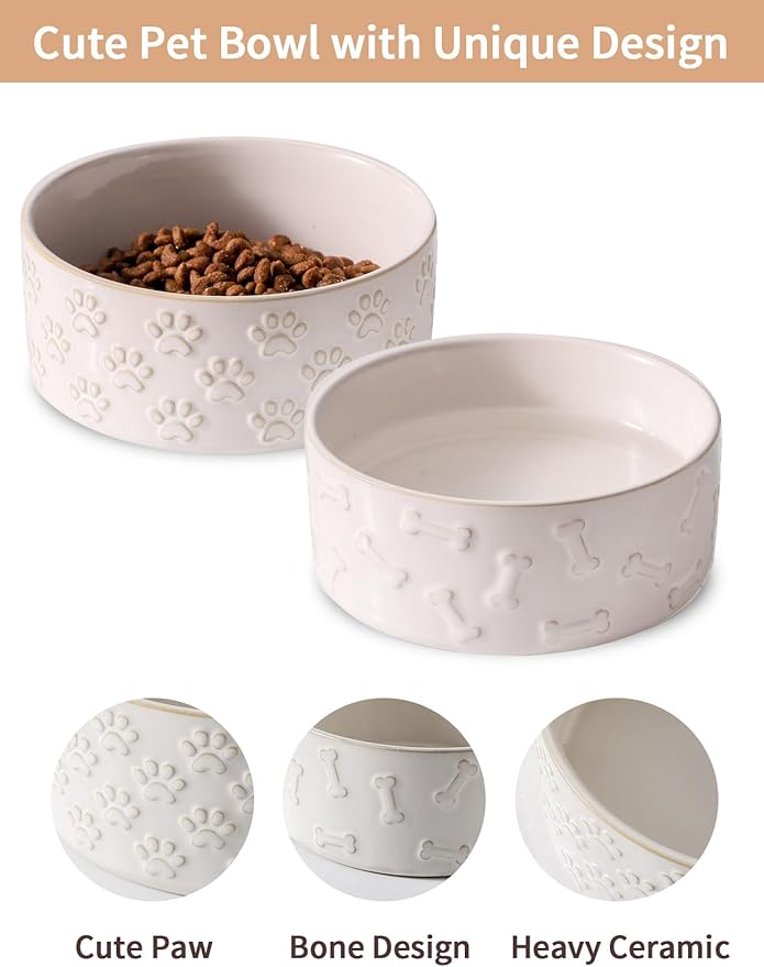 UBEE Ceramic Dog Bowl Set of 2, Dog Food Bowl Dish, Pet Food Water Dish Feeding for Small and Meidum Dogs and Large Cat, White, Bone Pattern, 6.1 in-Medium