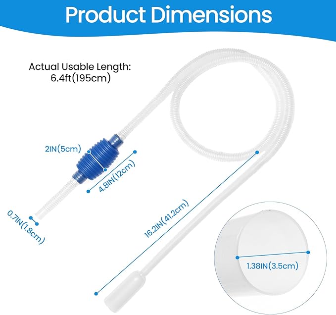 Gravel Vacuum for Aquarium Siphon, 6.4ft Fish Tank Siphon - Thick, Wide Tubing, Quick & Easy Waste Removal or Water Changes, Fish Tank Cleaner, Blue