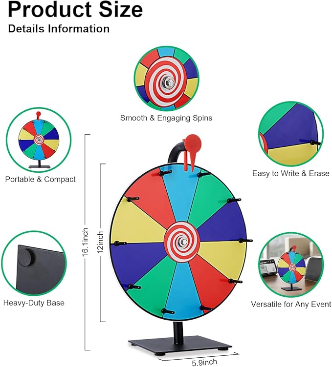 12 Inch Spinning Wheel for Prizes, Spinning Wheel for Prizes, 10 Slots Spinner with Stand, Spin The Game for Parties, and Classroom Activities