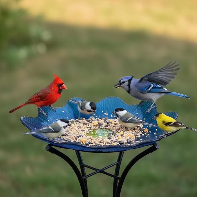 HONGLAND Bird Bath for Outside,15" Diameter Large Glass Birdbaths for Outdoors,Detachable Bird Baths Bowl with Metal Stand for Garden Patio Lawn Decor,19" Height - Blue
