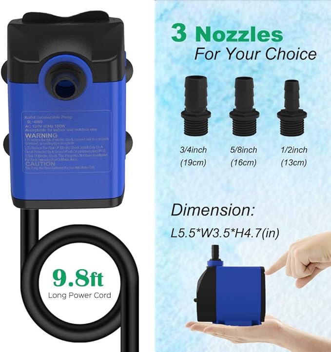 Knifel Submersible Pump 1056GPH (4000L/H 85W) Ultra Quiet with Over Heating Protection 9.8ft Power Cord for Fountains, Hydroponics, Ponds, Aquariums & More…