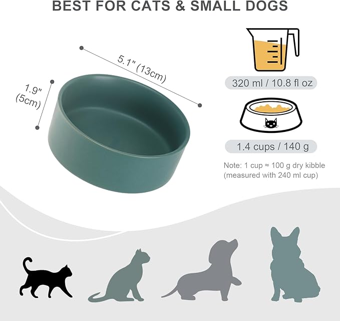 Ceramic Dog Bowl for Food and Water - Pet Feeder Bowl for Small Dogs and Cats - Heavy Ceramic Feeding Dish with Non Slip Base - Dishwasher & Microwave Safe - Set of 2 Bowls - 5Inch/1.4 Cups - Green