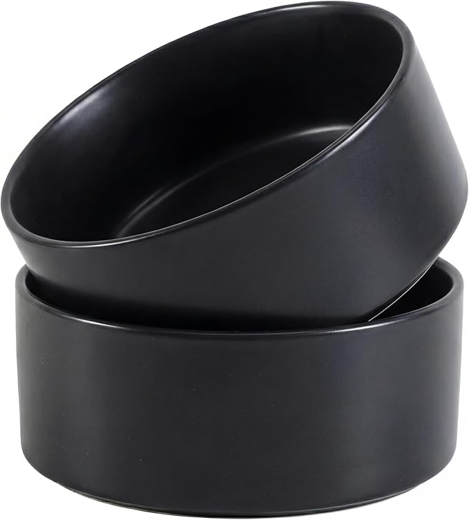 Ceramic Dog Bowl for Food and Water - Pet Feeder Bowl for Small to Medium Dogs and Large Cats - Heavy Ceramic Feeding Dish with Non Slip Base - Dishwasher & Microwave Safe - 2 Pack - 6 Inch - Black