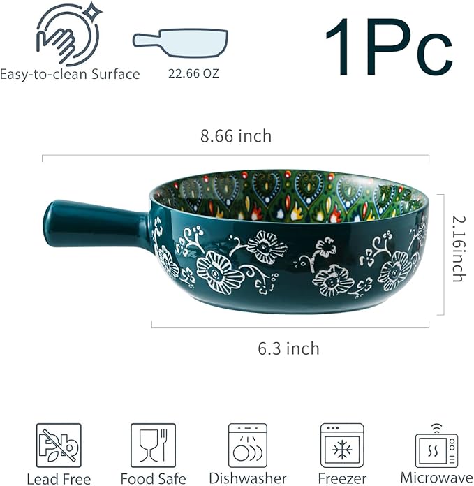 Bohemian Ceramic Soup Bowl with Handle – 23oz Spaghetti Bowl, 8.66" Length – Wide and Shallow for Soup, Colorful Floral Interior – Microwave & Dishwasher Safe Pasta Salad Dish Red
