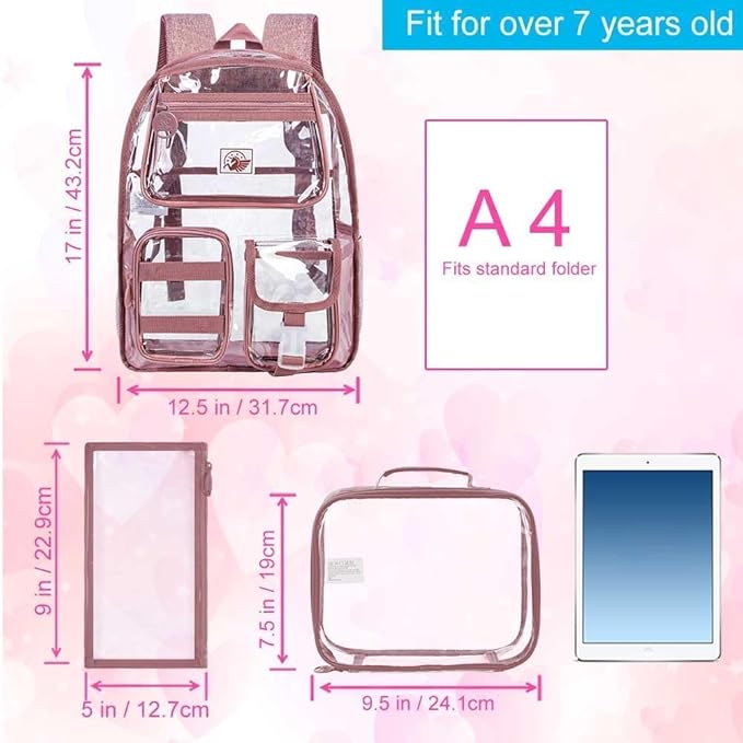 CCJPX 3Pcs Clear Backpack for Girls, School Transparent Bookbag, Heavy Duty See Through Backpacks for Teens Elementary