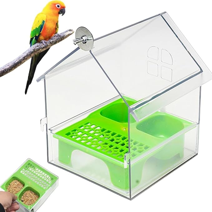 Pull-Out External Parrot Feeder,2025 New Multi-Function Hanging Mess-Free Bird Feeder,with Two Food Troughs, Pull-Out Design,Easy to Fill/Clean,Long-Lasting Outdoor Use for Finch and Hummingbird