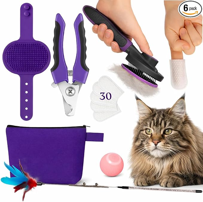 Cat Care Grooming Kit 6 in 1, Include: Nail Clipper, Brush for Shedding, Wand Toy, Interactive Ball Toy, Bath Brush, Ear Cleaner Finger Wipes (30ct.), Cat Grooming Supplies
